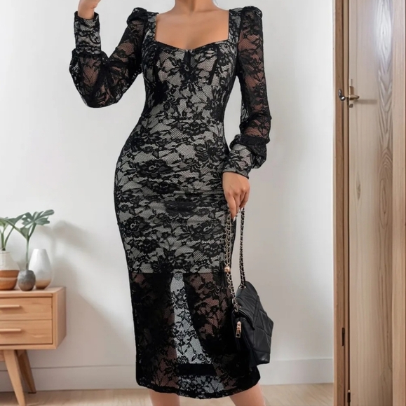 Lace Sweetheart Neck Long Sleeve Midi Dress - Picture 1 of 4